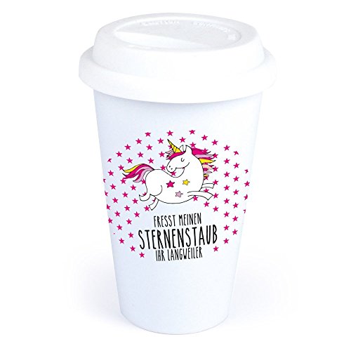 4you design Coffee-to-Go-Becher Einhorn-Motiv Fresst meinen Sternenstaub Ihr Langweiler aus Keramik – *spülmaschinengeeignet* originelle Geschenkidee – Geburtstagsgeschenk – Kaffeebecher mit Spruch von 4you design