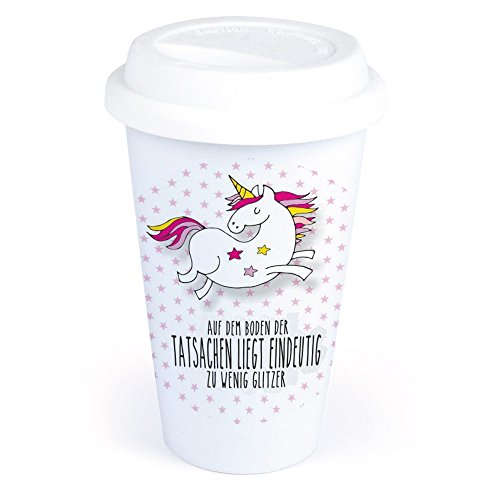 4you design Coffee-to-Go-Becher mit Einhorn-Motiv Auf dem Boden der Tatsachen liegt eindeutig zu wenig Glitzer aus Keramik – *spülmaschinengeeignet* originelle Geschenkidee – Einhornfans von 4you design