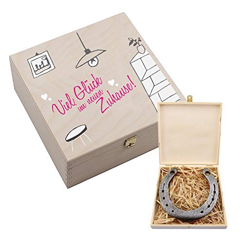 4youDesign Echtes Hufeisen in Holz-Geschenkschachtel Viel Glück im neuen zu Hause – 2 Hufeisennägel zum befestigen – Geschenk Richtfest, Umzug, Einzug – Glücksbringer Neuanfang- 17x17x3,5cm von 4youDesign