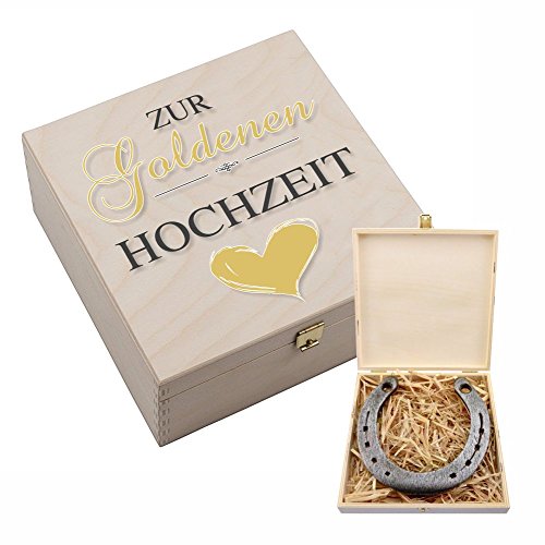 4you Design Echtes Hufeisen in Holz-Geschenkschachtel 50. Jahre weiße Streifen – 2 Hufeisennägel zum befestigen – Geschenk für Eltern, zum Jubiläum – Glücksbringer zur Goldhochzeit - 17x17x3,5cm von 4youDesign