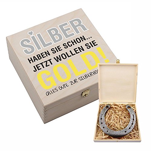 4you Design Echtes Hufeisen zur Silber Hochzeit - Holz-Geschenkschachtel Silber haben sie Schon... – 2 Hufeisennägel zum befestigen – Glücksbringer zur Silberhochzeit - 17x17x3,5cm von 4youDesign