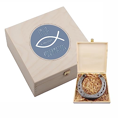 4youDesign Echtes Hufeisen in Holz-Geschenkschachtel Konfirmation Fisch mit Gravur – 2 Hufeisennägel zum befestigen – Geschenk zum Kirchenfest– Glücksbringer Patenkind - 17x17x3,5cm von 4youDesign
