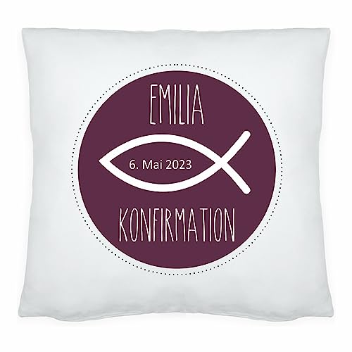 4youDesign Personalisiertes Kissen Meine Konfirmation/Firmung/Kommunion (Fisch) - Geschenkidee - Dekokissen - personalisiertes Geschenk (violett) von 4youDesign