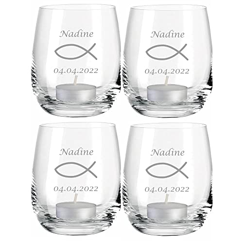 Personalisiertes Teelicht mit Fisch-Gravur I 4er-Set zur Konfirmation - Firmung - Kommunion - Jugendweihe I Windlicht mit Namen & Datum von 4youDesign