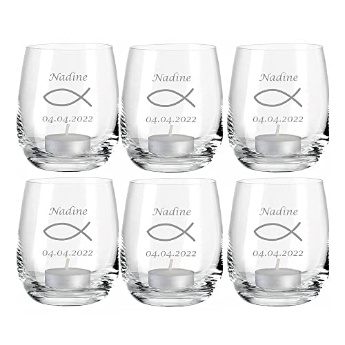 4you Design 6-er Glas Fisch mit Gravur Datum und Name zur Konfirmation, Firmung, Kommunion oder Jugendweihe, Windlicht für Teelichter, Wasserglas, Tumbler Personalisiert von 4youDesign