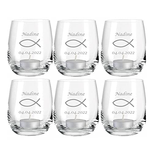 4you DESIGN 6-er Glas Fisch mit Gravur Datum und Name zur Konfirmation, Firmung, Kommunion oder Jugendweihe, Windlicht für Teelichter, Wasserglas, Tumbler Personalisiert von 4you Design