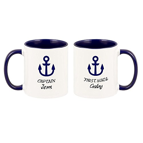 4youDesign Set: 2 Tassen mit blauem Henkel -Captain & First Mate- personalisiert mit Namen I Kaffeebecher zur Bootstaufe & zum Geburtstag von 4youDesign