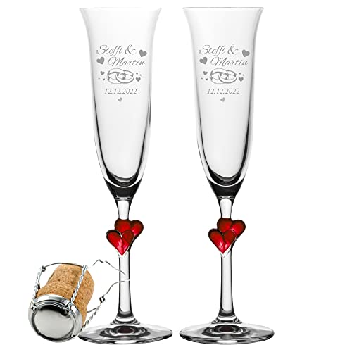 2er Set Sektgläser mit roten Herzen – Motiv Ringe – mit Gravur von Namen und Datum – tolle Sektkelche zur Hochzeit, zum Jahrestag oder zur Verlobung von 4youDesign