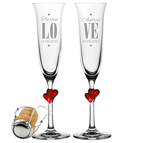 2er Set Sektgläser mit roten Herzen am Stiel – LOVE – mit Gravur von Namen und Datum – zur Hochzeit – tolle Sektkelche zum Jahrestag oder zur Verlobung von 4youDesign