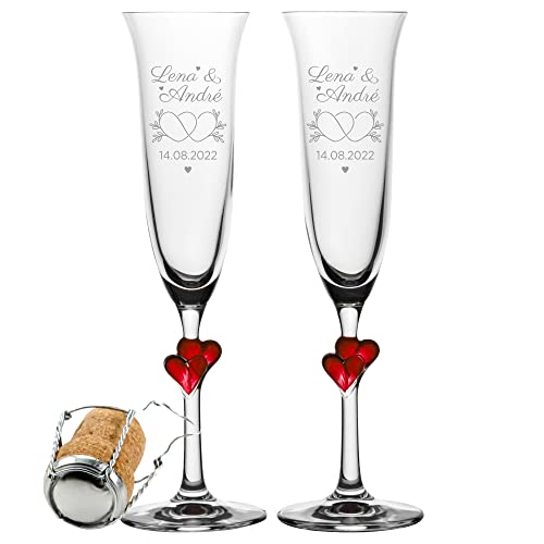 4you Design 2er Set Sektgläser mit roten Herzen – zur Hochzeit – mit Gravur von Namen und Datum – 2 verschlungene Herzen – tolle Sektkelche zum Jahrestag oder zur Verlobung von 4youDesign