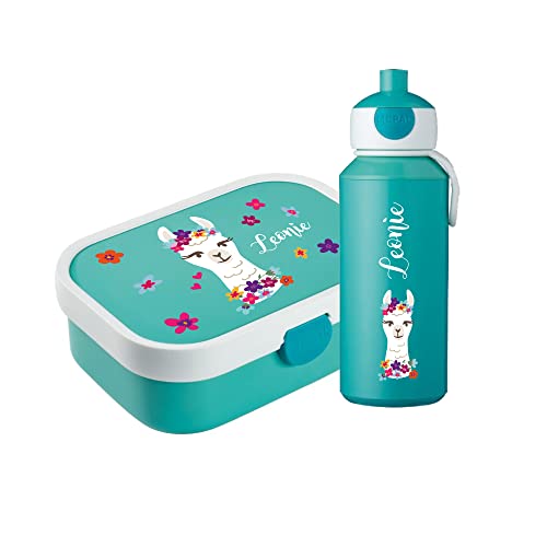 4you DESIGN Brotdose - Trinkflasche Set Alpaka mit Namen | Campus mit Bento-Box & Gabel | Ohne Weichmacher BPA | Brotdose mit Fächern für Kindergarten und Schule | Türkis, 750ml Box 400ml Flasche von 4youDesign