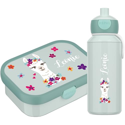 4youDesign Brotdose - Trinkflasche Set Alpaka mit Namen | Campus mit Bento-Box & Gabel | Ohne Weichmacher BPA | Brotdose mit Fächern für Kindergarten und Schule | 750ml Box 400ml Flasche (Cool Mint) von 4youDesign