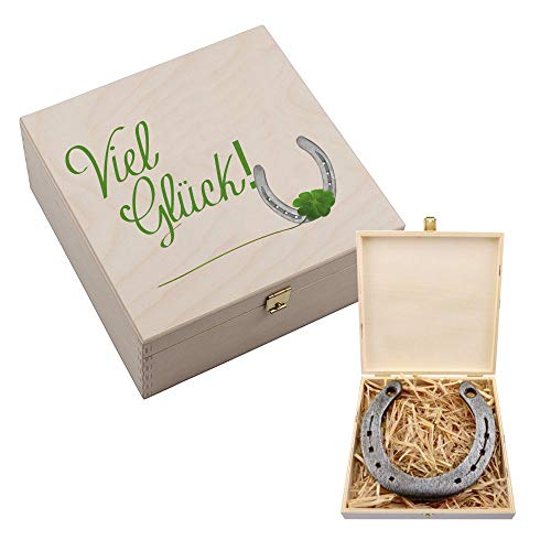 4youDesign Echtes Hufeisen in Holz-Geschenkschachtel Viel Glück – 2 Hufeisennägel zum befestigen – Geschenk Kollegen, Abschied, Neuanfang – Glücksbringer - 17x17x3,5cm von 4youDesign