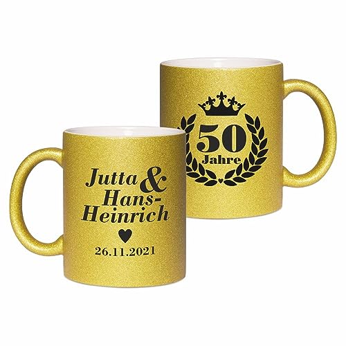 4you DESIGN Tasse 50 Jahre Personalisiert mit 2 Namen & Datum, Kaffeetasse zur Goldenen Hochzeit, Becher für Kaffee oder Tee für Jubiläumspaar, Geschenk zur Goldhochzeit für Eheleute, Gold, 330ml von 4youDesign