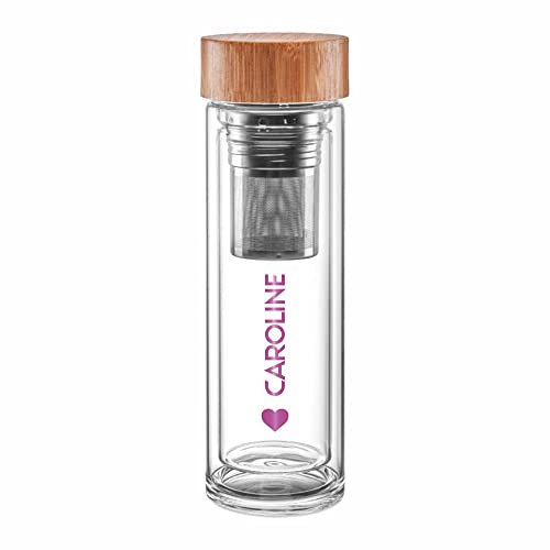 4you DESIGN Thermos-Glasflasche mit Namen bedruckt Design Active | Doppelwandiges Glas | Geniales Geschenk mit herausnehmbares zweiteiliges Edelstahl Teesieb | Pink 450ml Höhe 24cm von 4youDesign