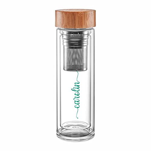 4you DESIGN Thermos-Glasflasche mit Namen bedruckt Design Energy | Doppelwandiges Glas | Geniales Geschenk mit herausnehmbares zweiteiliges Edelstahl Teesieb | Türkis 450ml Höhe 24cm von 4youDesign