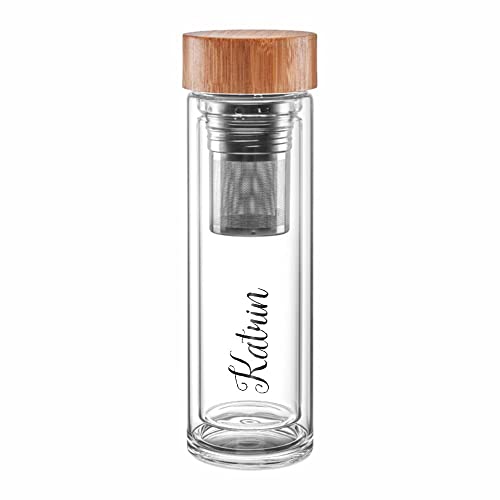 4you DESIGN Thermos-Glasflasche mit Namen bedruckt Design Harmony | Doppelwandiges Glas | Geniales Geschenk mit herausnehmbares zweiteiliges Edelstahl Teesieb | Schwarz 450ml Höhe 24cm von 4youDesign