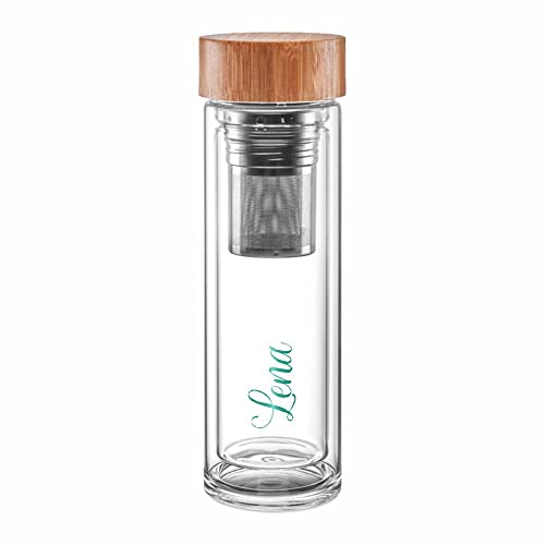 4you DESIGN Thermos-Glasflasche mit Namen bedruckt Design Harmony | Doppelwandiges Glas | Geniales Geschenk mit herausnehmbares zweiteiliges Edelstahl Teesieb | Türkis 450ml Höhe 24cm von 4youDesign