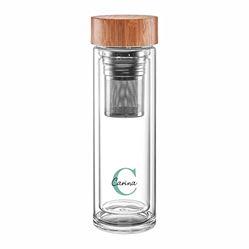 4you DESIGN Thermos-Glasflasche mit Namen bedruckt Design Heart | Doppelwandiges Glas | Geniales Geschenk mit herausnehmbares zweiteiliges Edelstahl Teesieb |Türkis 450ml Höhe 24cm von 4youDesign