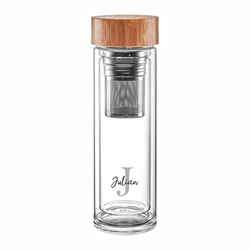 4you DESIGN Thermos-Glasflasche mit Namen bedruckt Design Letter | Doppelwandiges Glas | Geniales Geschenk mit herausnehmbares zweiteiliges Edelstahl Teesieb | Grau 450ml Höhe 24cm von 4youDesign