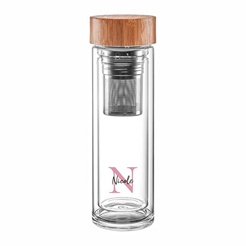 4you DESIGN Thermos-Glasflasche mit Namen bedruckt Design Letter | Doppelwandiges Glas | Geniales Geschenk mit herausnehmbares zweiteiliges Edelstahl Teesieb | Rosa 450ml Höhe 24cm von 4youDesign