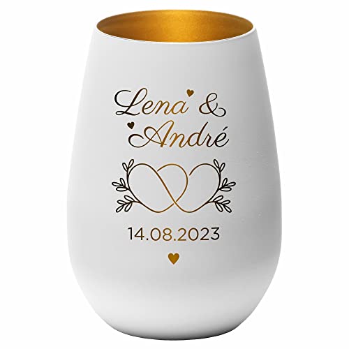 4you DESIGN Windlicht zur Hochzeit personalisiert, 2 Herzen Ineinander, 2 Namen, Datum graviert (Metall-Weiß-Gold), Hochzeitsgeschenk für das Brautpaar, Teelichthalter zur Trauung, Jahrestag, Jubiläum von 4youDesign