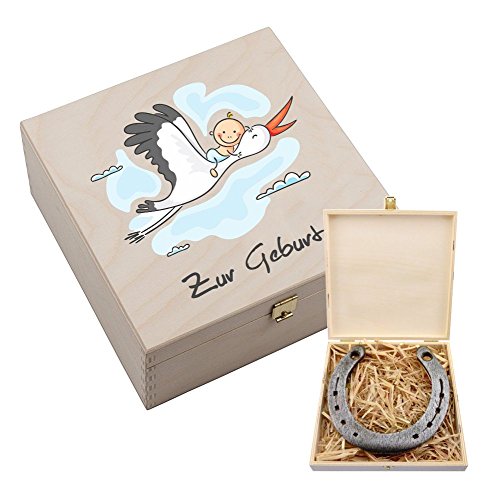 4youDesign Echtes Hufeisen in Holz-Geschenkschachtel Storch – 2 Hufeisennägel zum befestigen – Geschenk zur Geburt oder Taufe – Glücksbringer für werdende Eltern - 17x17x3,5cm von 4youDesign