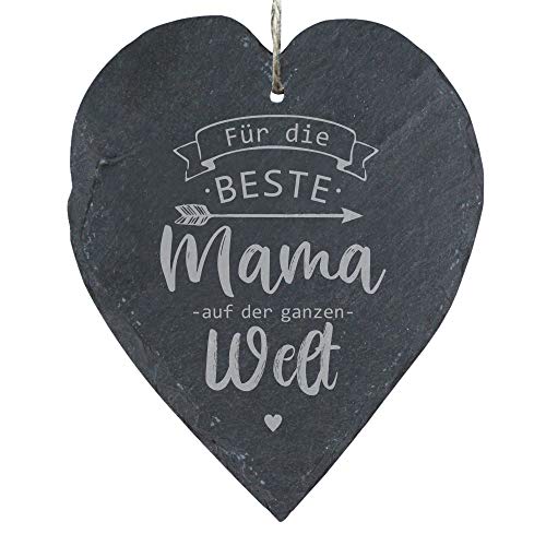 4you Design Schieferherz mit Gravur Für die Beste Mama auf der ganzen Welt, Mama, Deko Herz für Wand und Tür mit Kordel zum Aufhängen (23x27cm) von 4youDesign