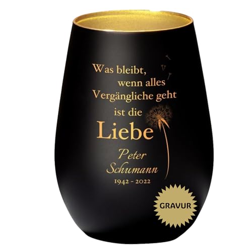 Schwarz-goldenes Gedenklicht mit Spruch ‚was bleibt,…ist die Liebe‘ - mit Pusteblumen I Trauer Windlicht I Gravur mit Name I Erinnerungslicht von 4youDesign