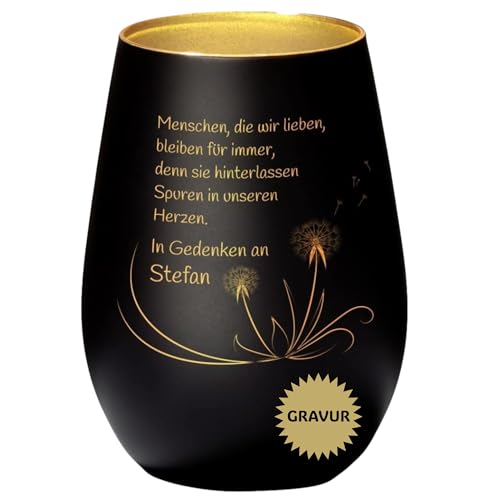 Schwarz-goldenes Gedenklicht mit Spruch ‚Menschen, die wir lieben…‘ mit Pusteblumen I Trauer Windlicht I Gravur mit Name I Erinnerungslicht von 4youDesign