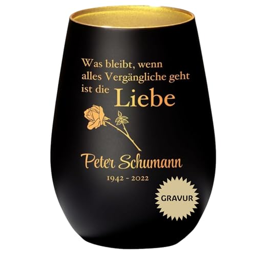 Schwarz-goldenes Gedenklicht mit Spruch ‚was bleibt,…ist die Liebe‘ mit Rose I Trauer Windlicht I Gravur mit Name I Erinnerungslicht von 4youDesign