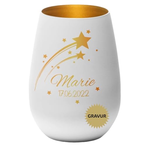 Weiß-goldenes Gedenklicht mit Sternschnuppe I Trauer Windlicht I Gravur mit Name und Datum I Erinnerungslicht Weiß-goldenes Gedenklicht mit Sternschnuppe I Trauer Windlicht I Gravur mit Name und Datum I Erinnerungslicht von 4youDesign