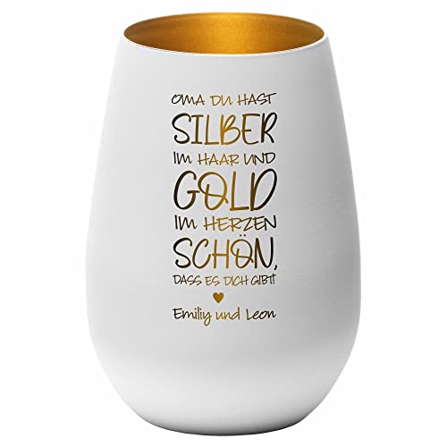 4you Design Windlicht Enkelgeschenk Personalisiert Oma Du hast Silber im Haar..(Metall-Weiß-Gold), Glas mit Spruch für Großmutter mit Namen der Enkelkinder, Geschenkidee zum Geburtstag, von 4youDesign