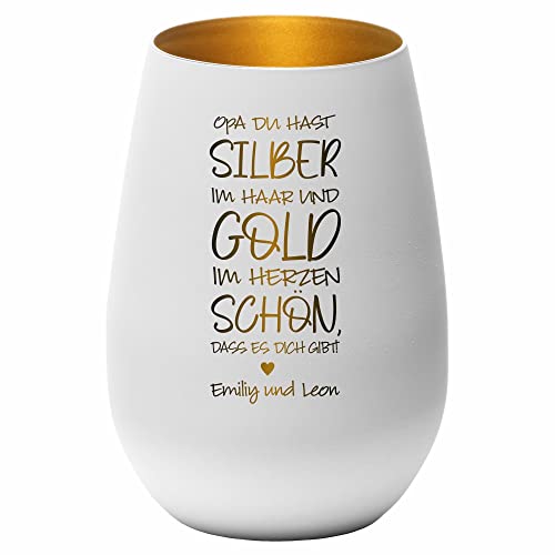 4you Design Windlicht Enkelgeschenk Personalisiert Opa Du hast Silber im Haar..(Metall-Weiß-Gold), Glas mit Spruch für Großmutter mit Namen der Enkelkinder, Geschenkidee zum Geburtstag, von 4youDesign