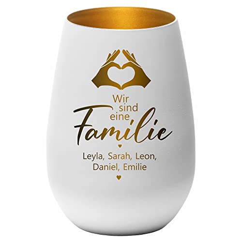 4you Design Windlicht Familie mit 4 Namen graviert (Metall-Weiß-Gold-kursiv), Geschenk zum Valentinstag, Geburtstagsgeschenk für Oma, Opa, Mama, Papa, Teelichthalter, Vase von 4youDesign