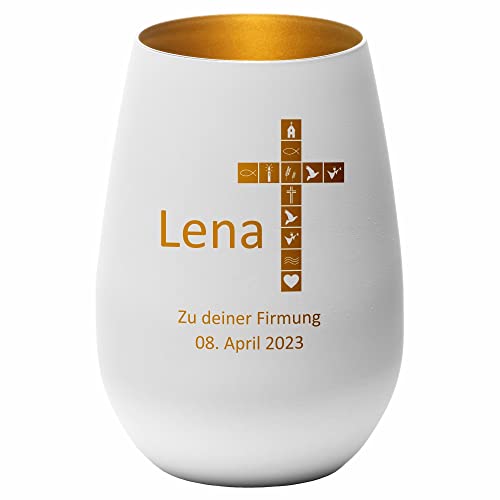 4you Design Windlicht Kreuz mit Namen, Datum graviert (Metall-Weiß-Gold) Geschenk zur Firmung, Teelichthalter für Patenkinder, Personalisierte Geschenkidee von 4youDesign