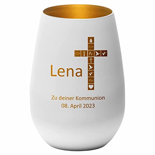 4you Design Windlicht Kreuz mit Namen, Datum graviert (Metall-Weiß-Gold) Geschenk zur Kommunion, Teelichthalter für Patenkinder, Personalisierte Geschenkidee von 4youDesign