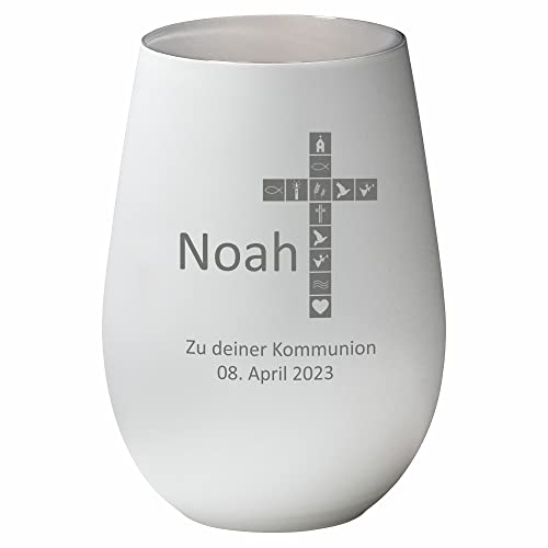 4you Design Windlicht Kreuz mit Namen, Datum graviert (Metall-Weiß-Silber) Geschenk zur Kommunion, Teelichthalter für Patenkinder, Personalisierte Geschenkidee von 4youDesign