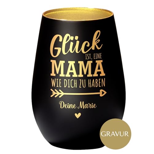4you Design Windlicht Personalisiert mit Namen Glück ist eine Mama (Metall-Schwarz-Gold), Teelichthalter als Muttertagsgeschenk für die Beste Mutter, Mütter Geburtstagsgeschenk von 4youDesign