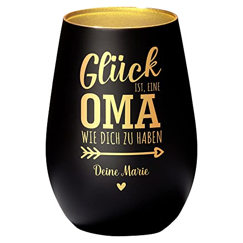 4you Design Windlicht Personalisiert mit Namen Glück ist eine Oma (Metall-Schwarz-Gold), Teelichthalter als Enkel-Geschenk zum Valentinstag für die Beste Großmutter, Omi Geburtstagsgeschenk von 4youDesign