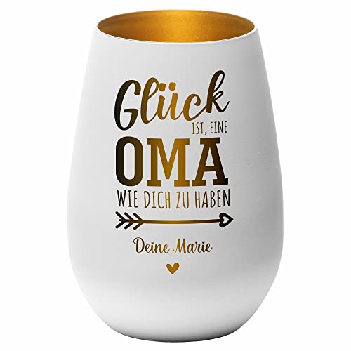 4you Design Windlicht Personalisiert mit Namen Glück ist eine Oma (Metall-Weiß-Gold), Teelichthalter als Enkel-Geschenk zum Valentinstag für die Beste Großmutter, Omi Geburtstagsgeschenk von 4youDesign