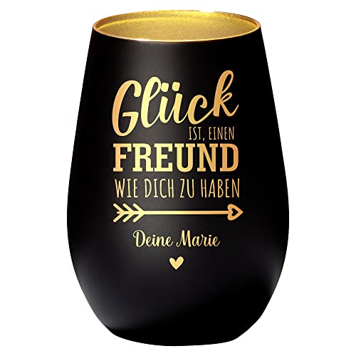 4you Design Windlicht Personalisiert mit Namen Glück ist einen Freund (Metall-Schwarz-Gold), Teelichthalter als Freundegeschenk zum Valentinstag, Spülmaschinengeeignet von 4youDesign