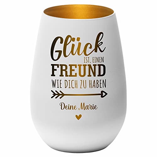 4you Design Windlicht Personalisiert mit Namen Glück ist einen Freund (Metall-Weiß-Gold), Teelichthalter als Freundegeschenk zum Geburtstag, Spülmaschinengeeignet von 4youDesign