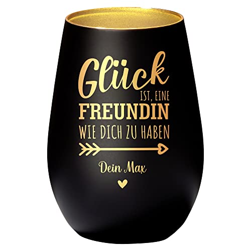 4you Design Windlicht Personalisiert mit Namen Glück ist einen Freundin (Metall-Schwarz-Gold), Teelichthalter als Freundegeschenk zum Geburtstag, Spülmaschinengeeignet von 4youDesign