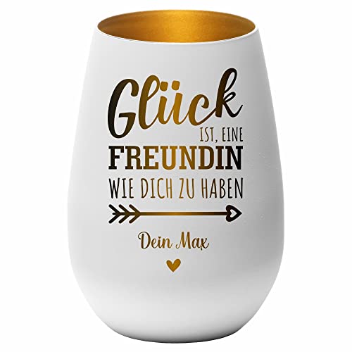 4you Design Windlicht Personalisiert mit Namen Glück ist einen Freundin (Metall-Weiß-Gold), Teelichthalter als Freundegeschenk zum Valentinstag, Spülmaschinengeeignet von 4youDesign