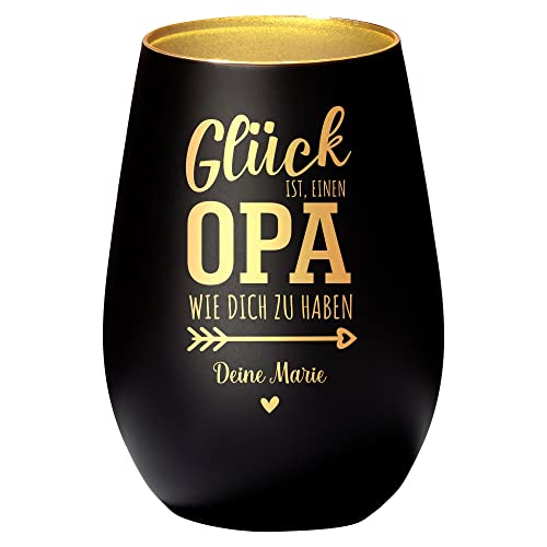 4you Design Windlicht Personalisiert mit Namen Glück ist einen Opa (Metall-Schwarz-Gold), Teelichthalter als Enkel-Geschenk zum Valentinstag für den besten Großvater, Opi Geburtstagsgeschenk von 4youDesign
