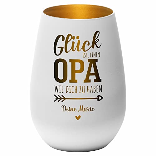 4you Design Windlicht Personalisiert mit Namen Glück ist einen Opa (Metall-Weiß-Gold), Teelichthalter als Enkelgeschenk für den besten Großvater, Opi Geburtstagsgeschenk von 4youDesign