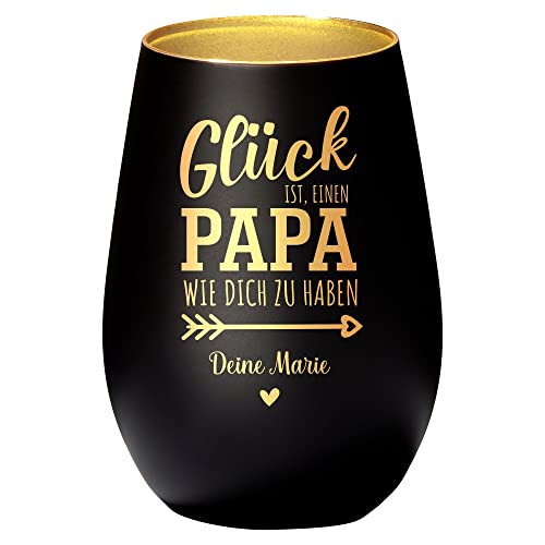 4you Design Windlicht Personalisiert mit Namen Glück ist einen Papa (Metall-Schwarz-Gold), Teelichthalter als Geschenk für den besten Vater, Väter Geburtstagsgeschenk von 4youDesign