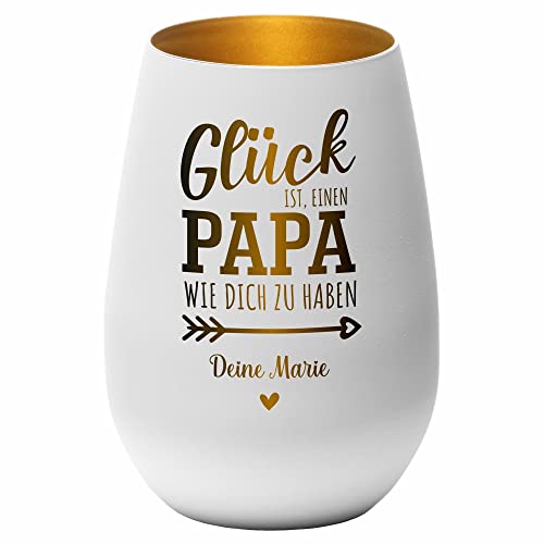 4you Design Windlicht Personalisiert mit Namen Glück ist einen Papa (Metall-Weiß-Gold), Teelichthalter als Geschenk für den besten Vater, Väter Geburtstagsgeschenk von 4youDesign