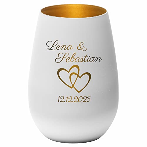 4you Design Windlicht zur Hochzeit personalisiert, Motiv Herz 2 Namen, Datum graviert (Metall-Weiß-Gold), Hochzeitsgeschenk für das Brautpaar, Teelichthalter zur Trauung, Jahrestag, Jubiläum von 4youDesign